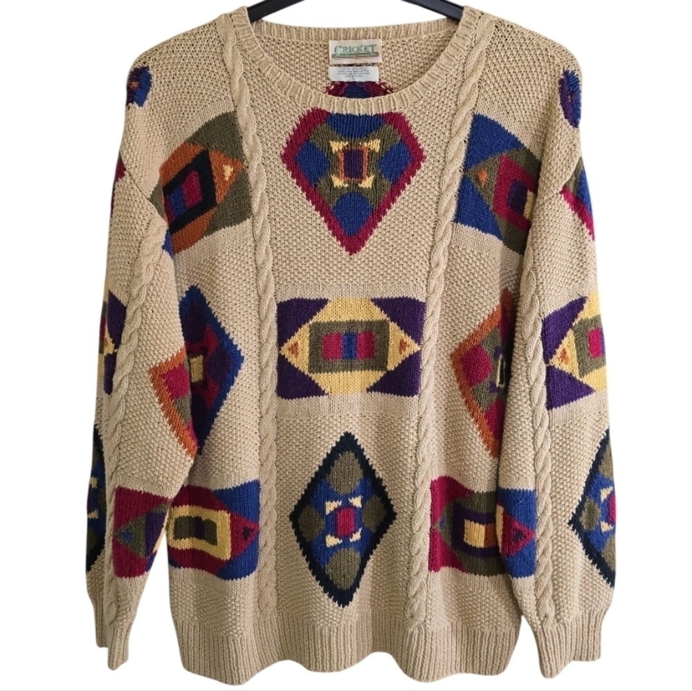 Vintage 90s Cricket Multicolor Designed Linen Cotton Blend Sweater XL Crewneck